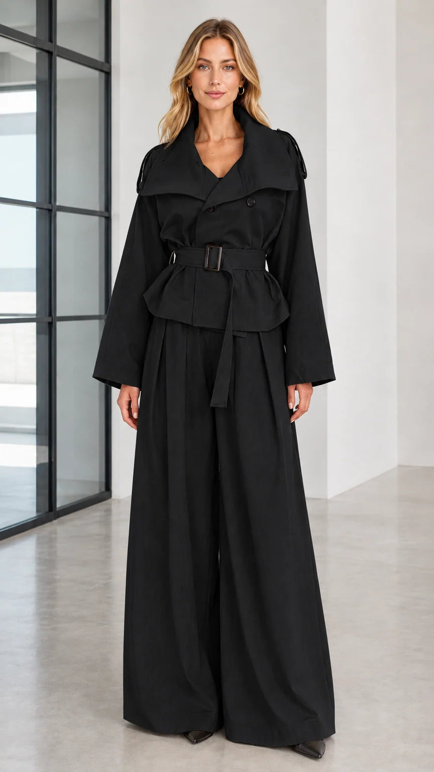 Front full view of woman wearing black belted trench jacket and wide-leg trousers set
