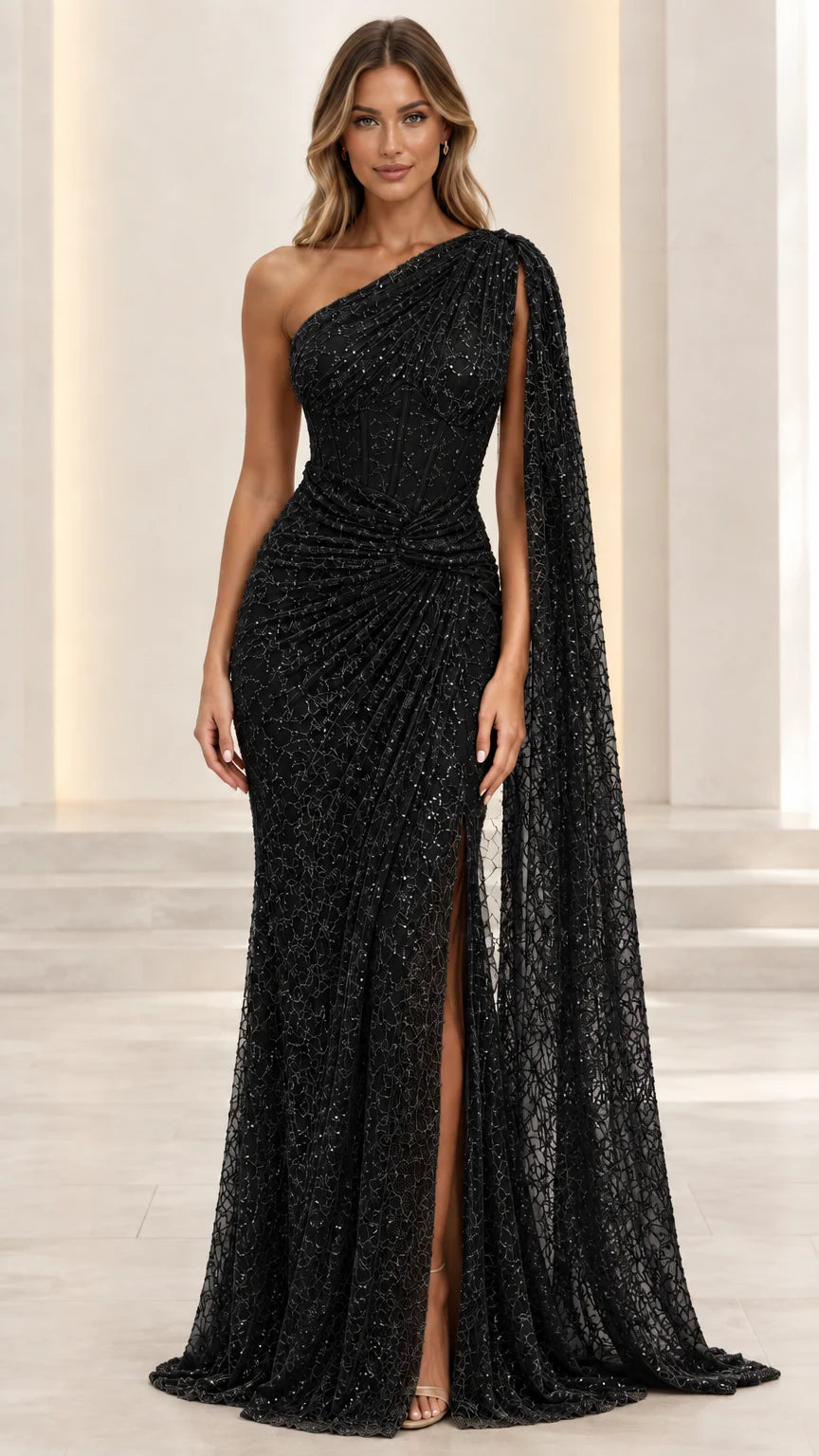 Black one-shoulder cape evening gown with high leg slit