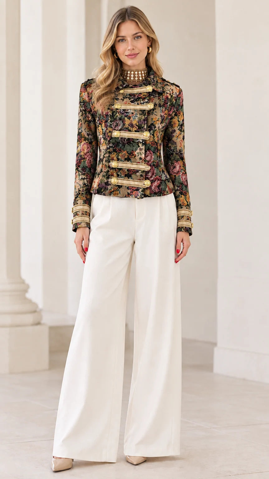 Full front view of Black Floral tapestry military jacket styled with white trousers