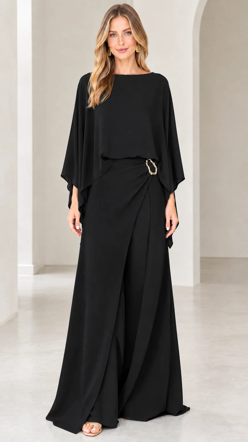 Black capelet wide-leg formal evening jumpsuit front view