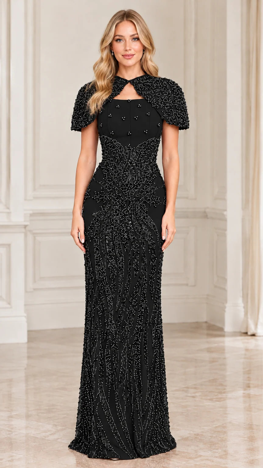 Black beaded capelet evening gown front view