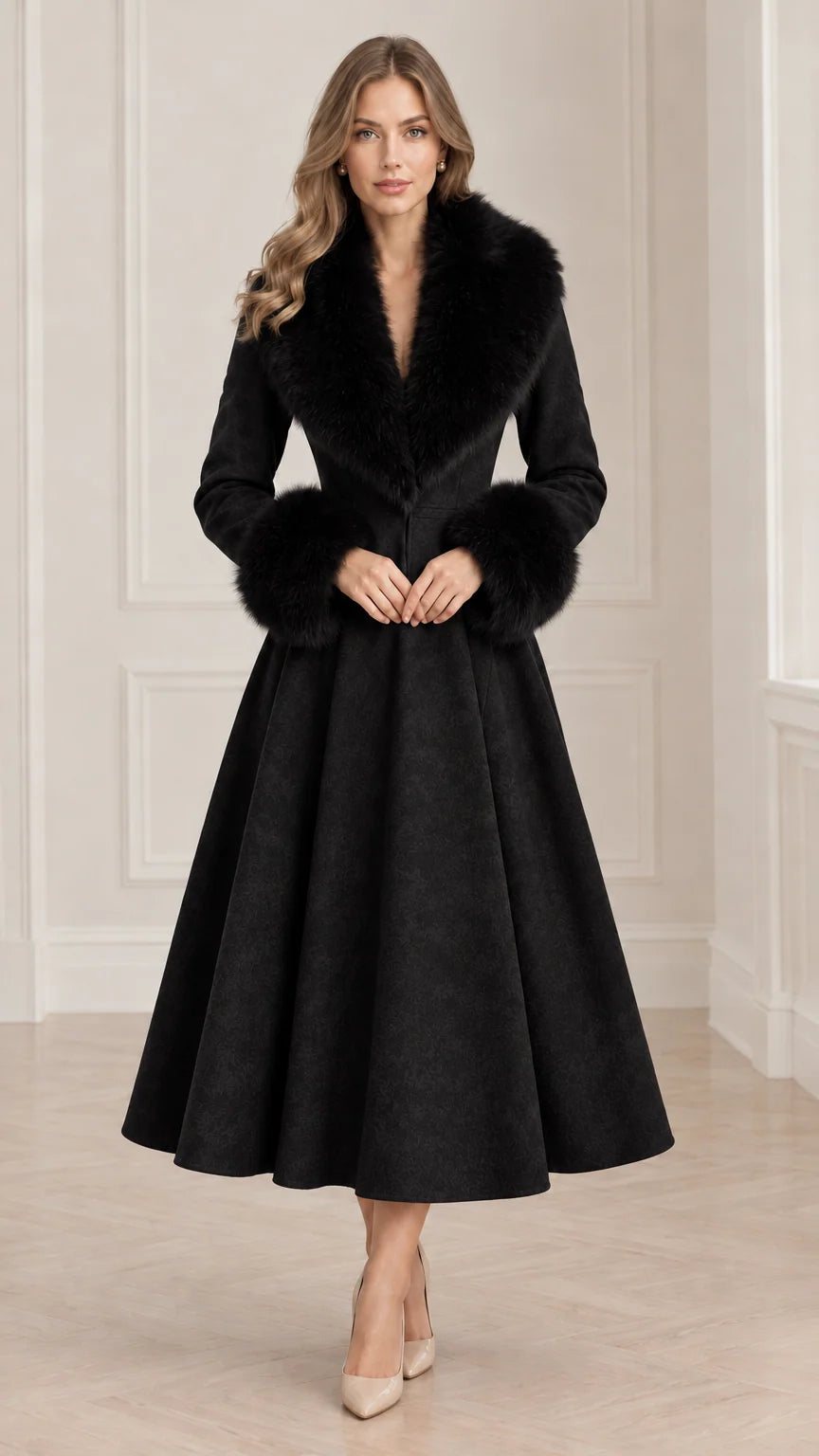 Model wearing Black fit and flare midi coat with matching plush black faux fur collar and cuffs