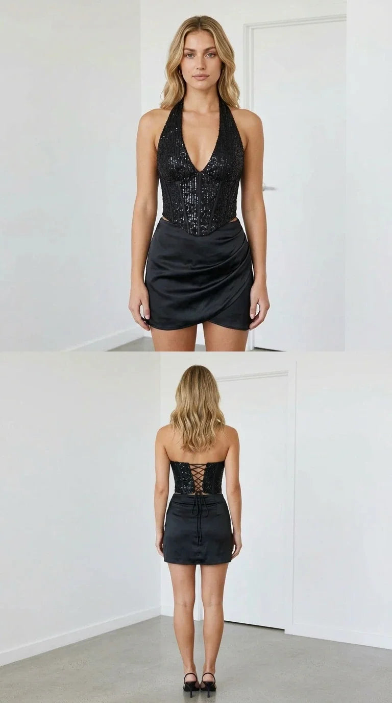 Black sequin halter corset top and matching satin wrap mini skirt front and back view