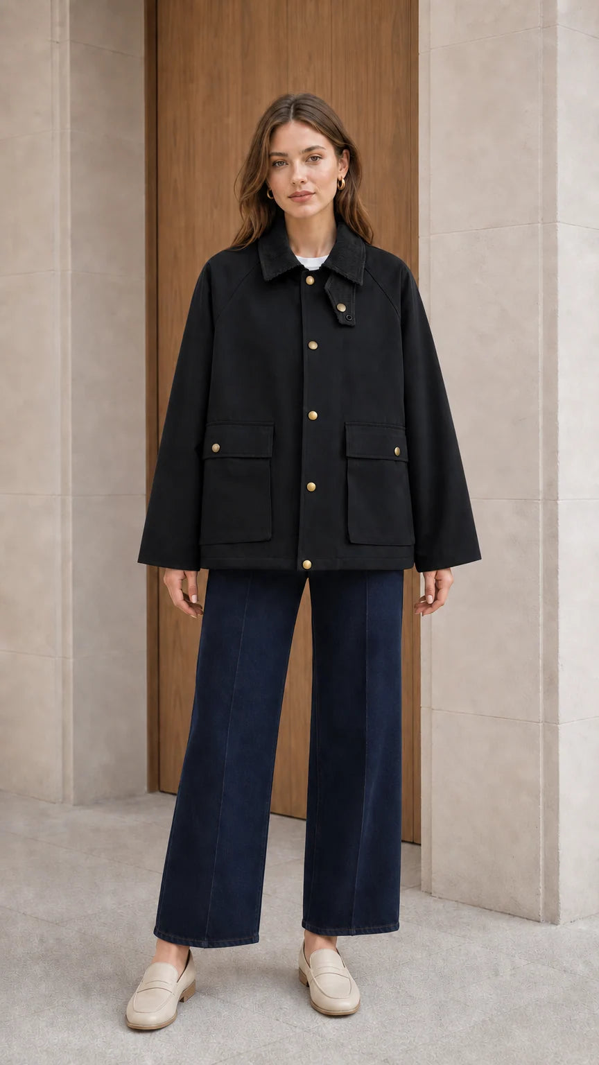 Full body view of model wearing classic black corduroy collar utility jacket