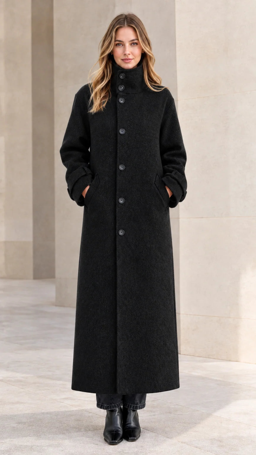 Front view of woman wearing classic black high stand collar maxi coat