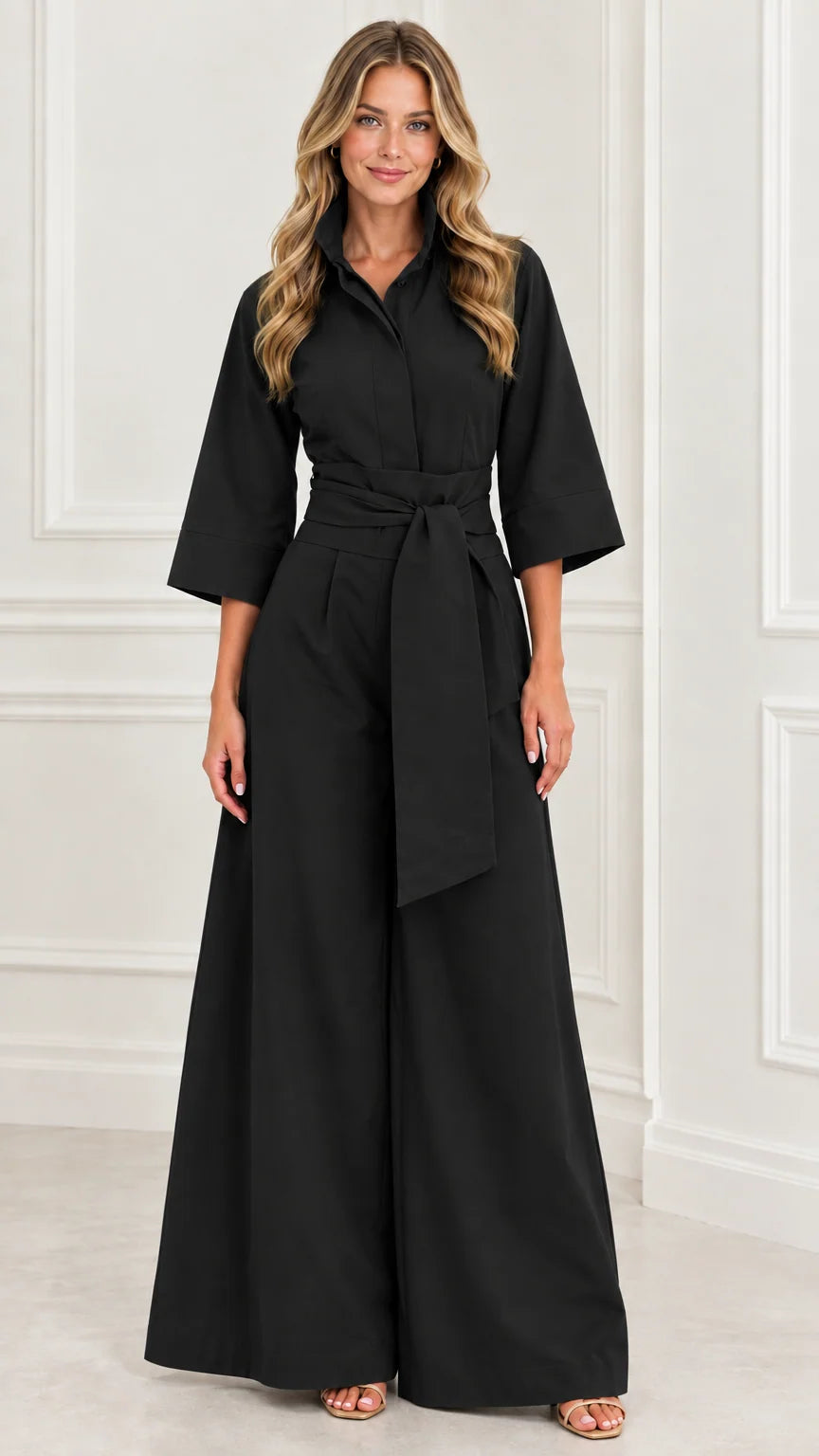 Front view of woman wearing a black collared wide-leg jumpsuit with belt