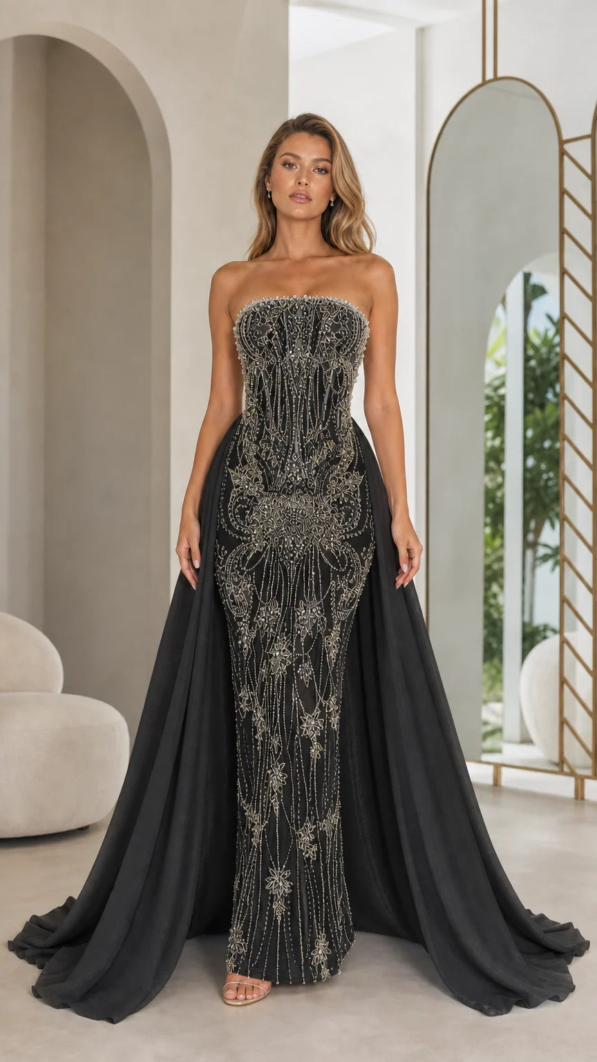 Black variant of strapless beaded mermaid evening gown with overskirt