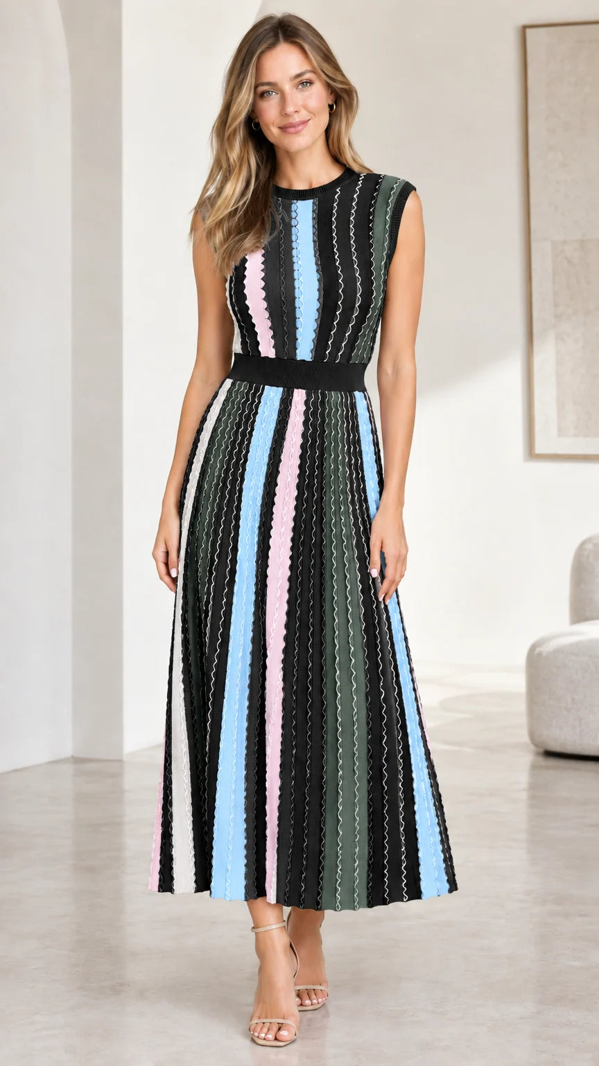 Model wearing black multi sleeveless striped ribbed knit midi dress