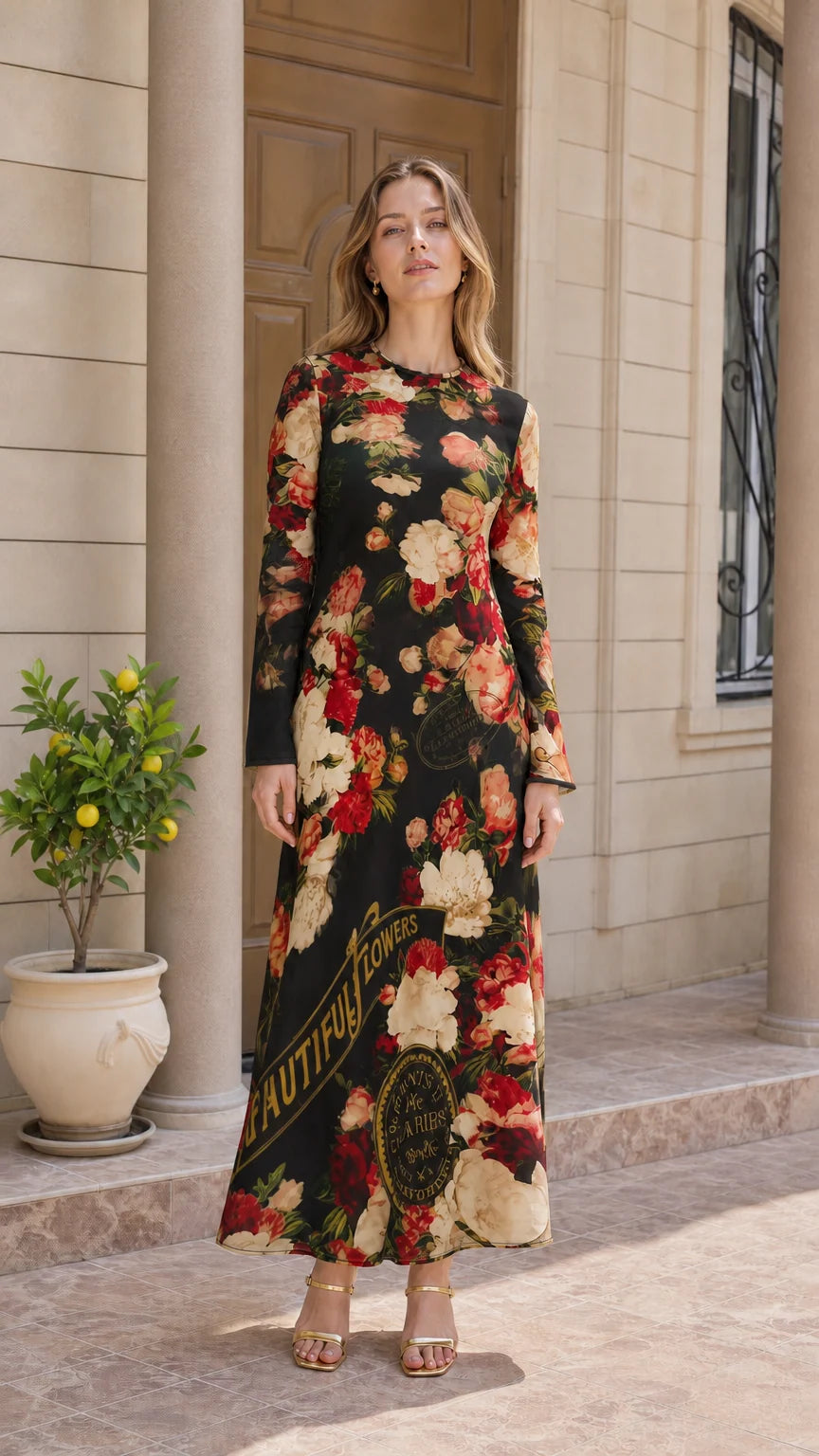 Model wearing black vintage floral print crew neck long sleeve maxi dress