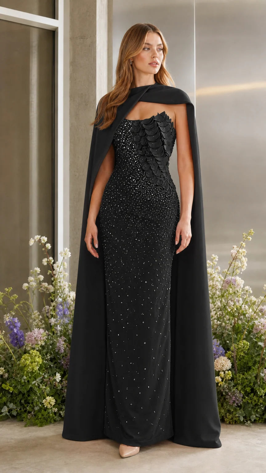Classic black formal evening gown with draped cape overlay and sequin detail