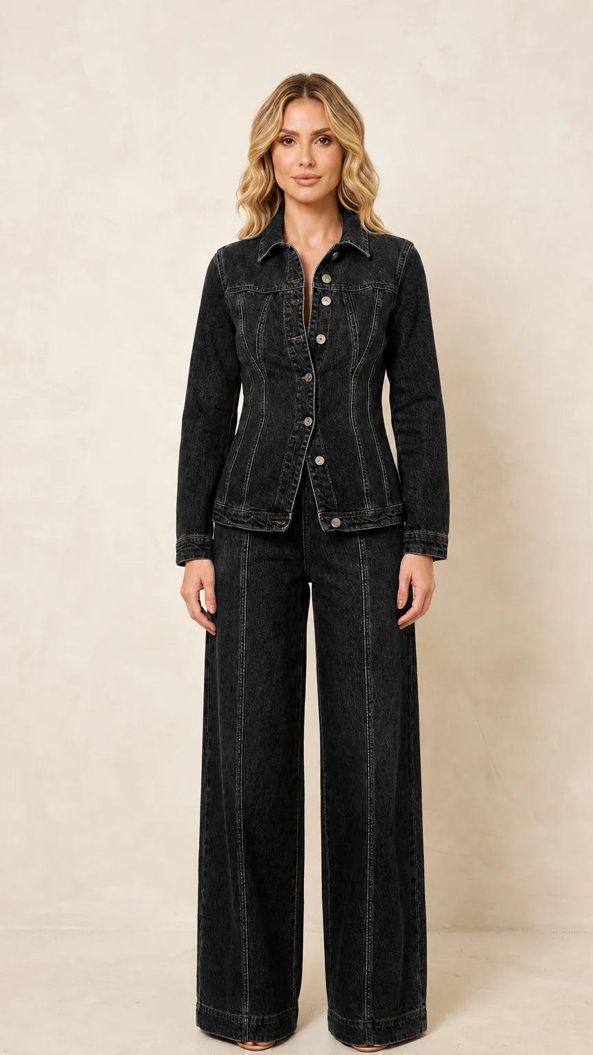Front view of the women's black denim-style jacket and wide-leg pants set