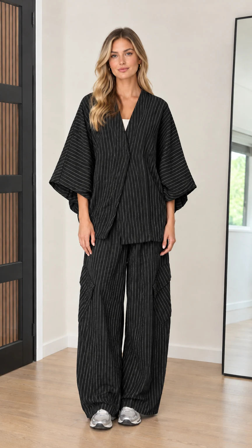 Women's black pinstripe two-piece kimono top and wide-leg cargo pants set