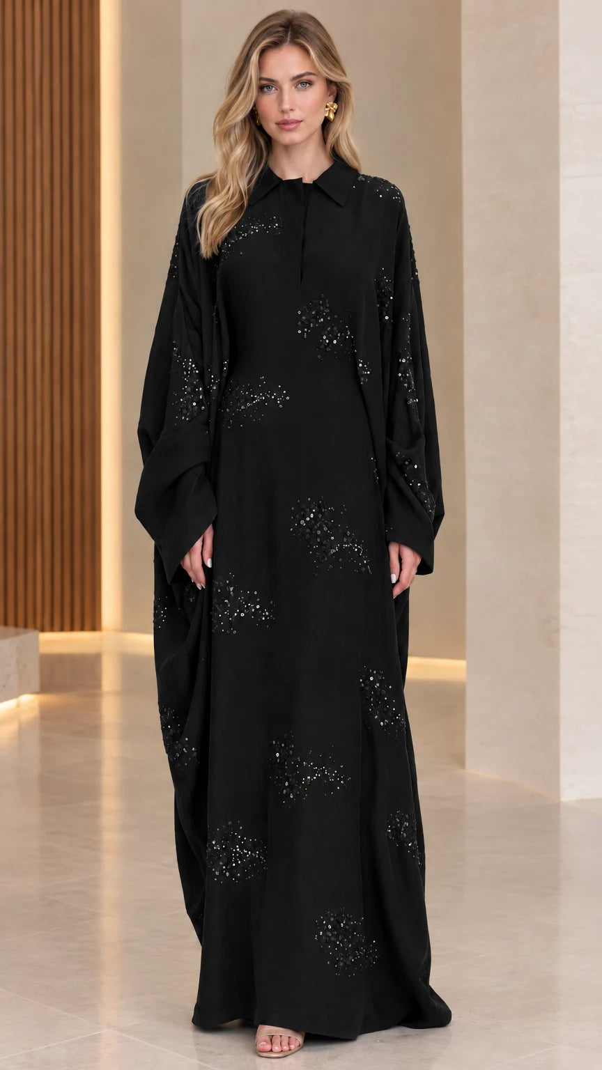Black collared sequin kaftan maxi dress front view