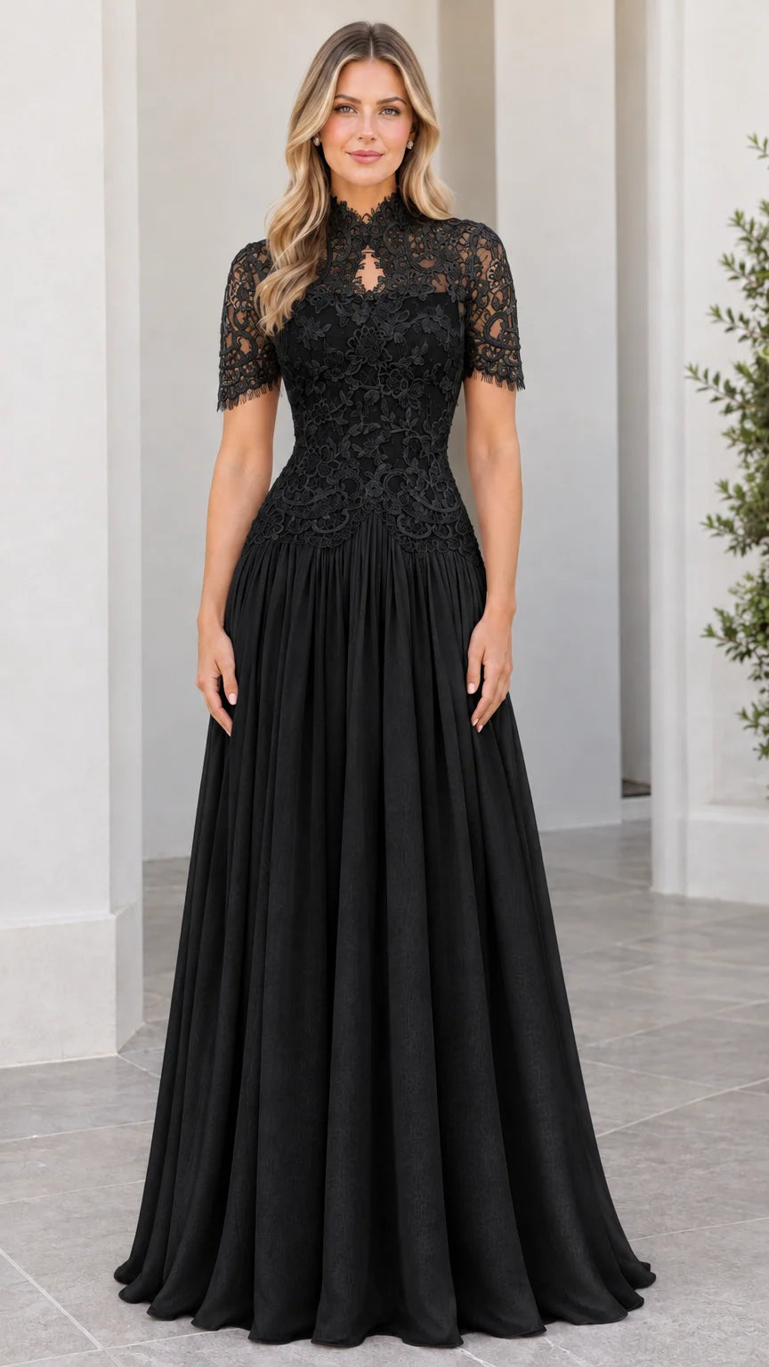 Model wearing Black high neck lace bodice A-line chiffon maxi evening gown