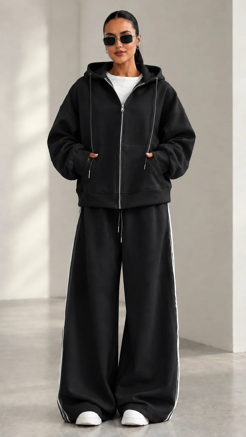 Model wearing Black zip-up hoodie and matching wide-leg track pants set