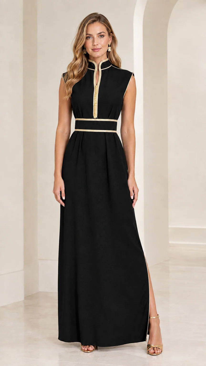 Front view of black sleeveless mandarin collar maxi dress with gold trim