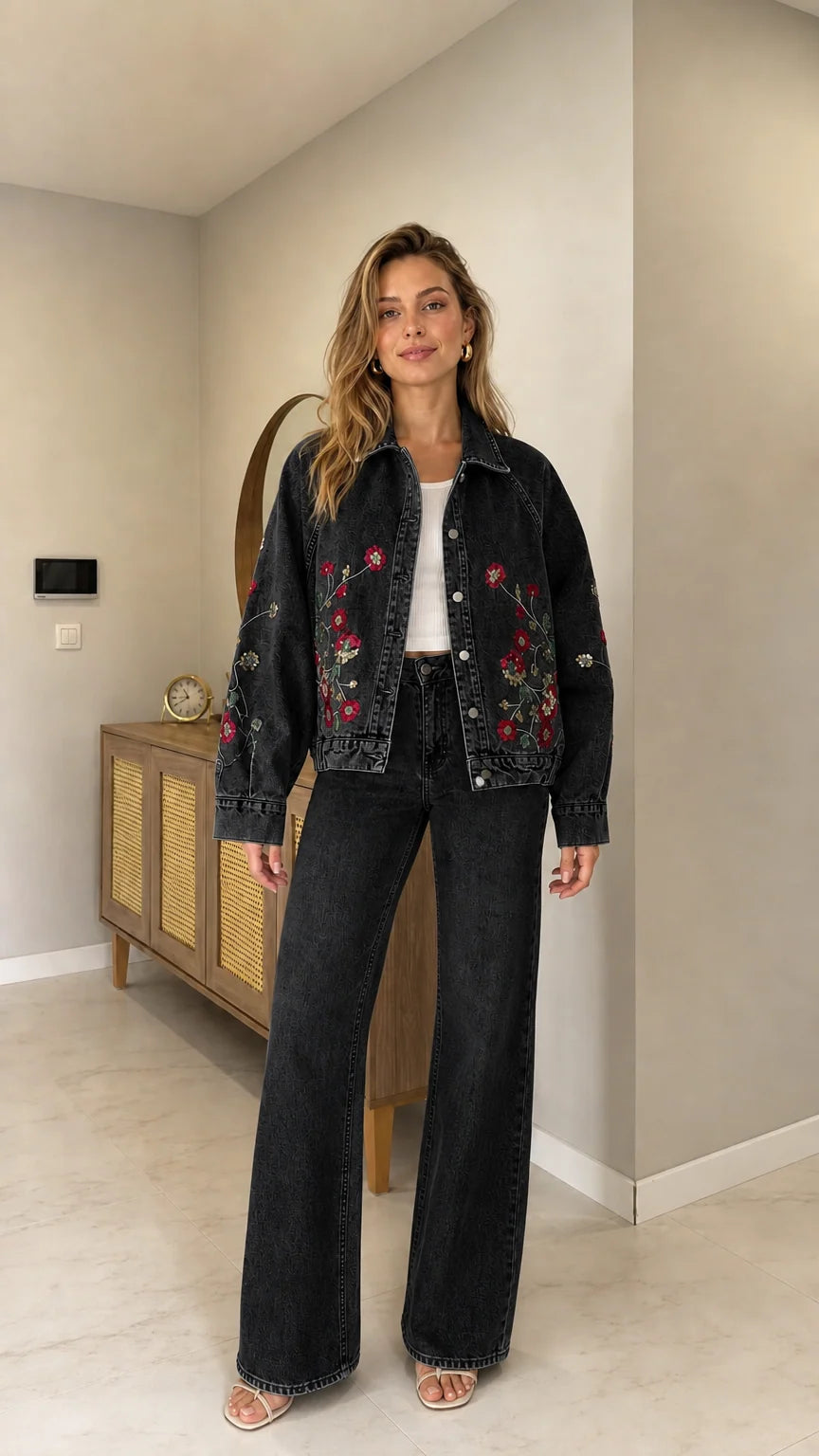 Full front view of woman wearing Washed Black floral embroidered denim jacket and black jeans