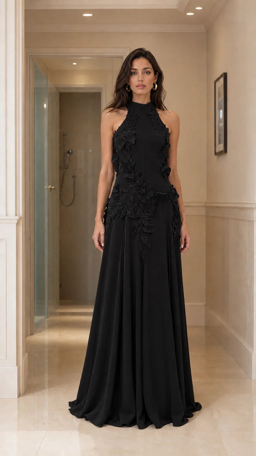 Front view of black halter neck evening gown