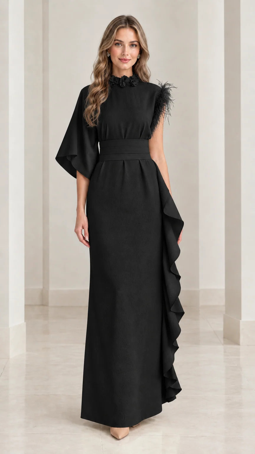 Black asymmetrical one-sleeve evening gown with floral neckline and feather accent