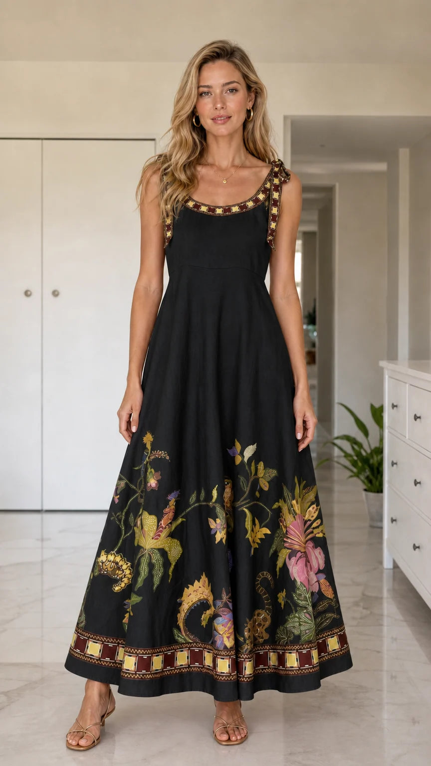 Front full view of black floral maxi dress variant