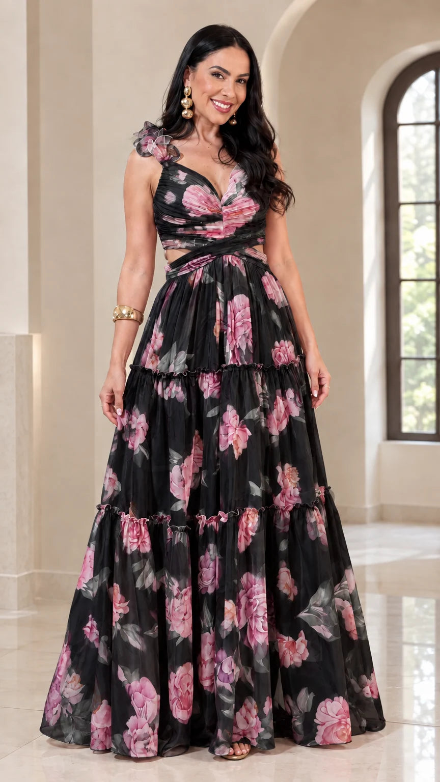 Model wearing Black floral print cutout tiered maxi dress