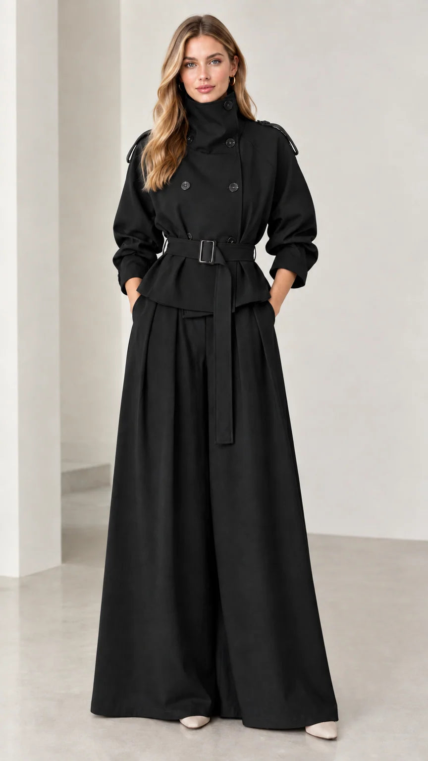 Full-length view of black double-breasted trench jacket and palazzo pants set