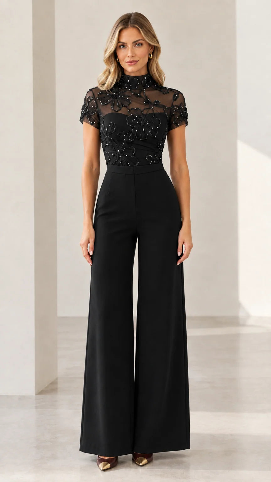 Black sequin floral mock neck wide-leg evening jumpsuit