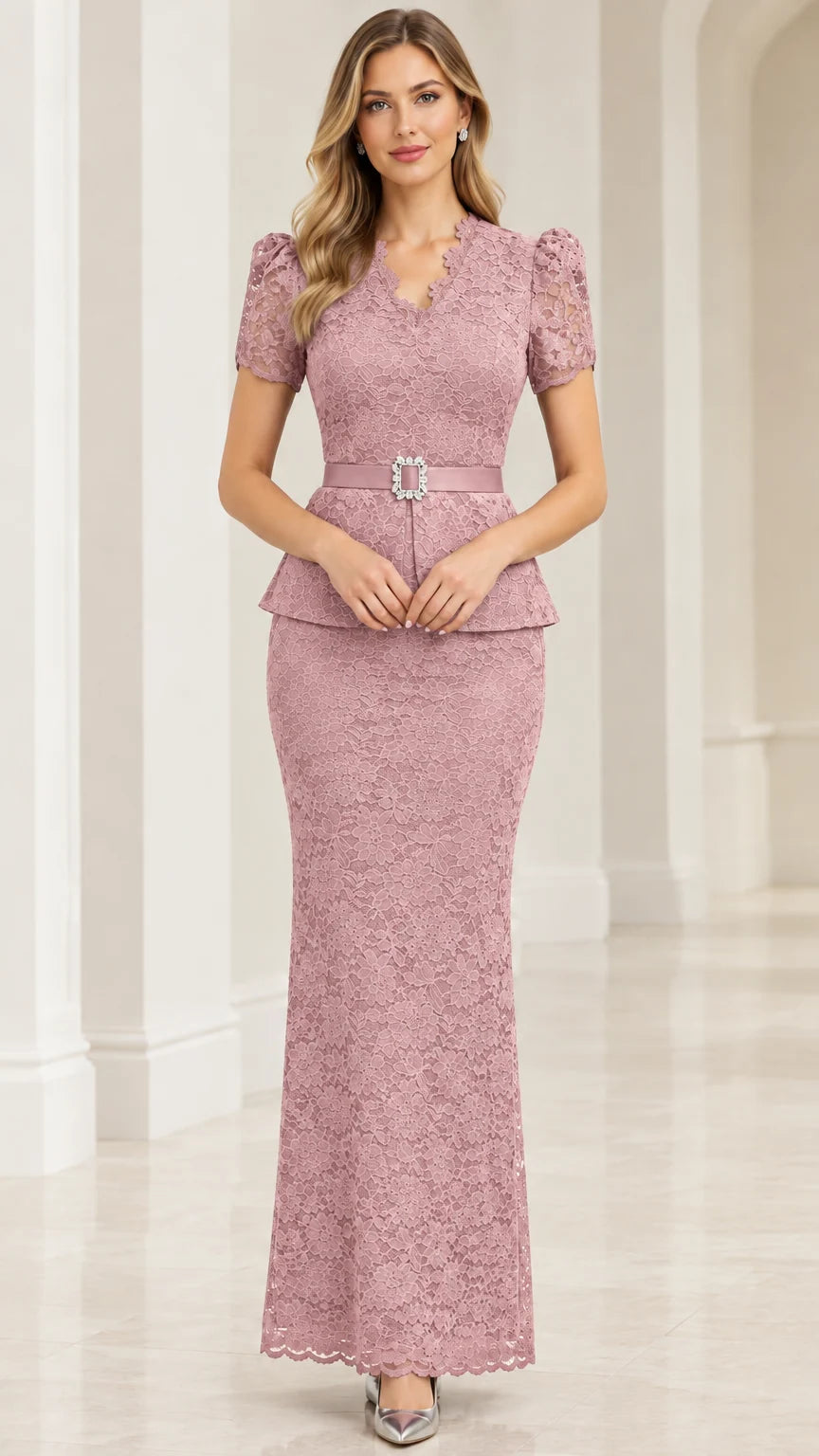 Model wearing dusty rose lace peplum column gown for formal events