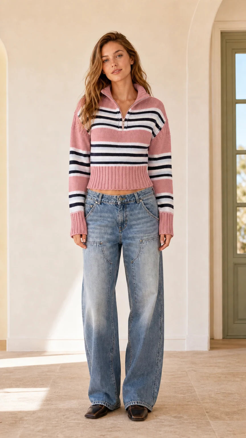 Full front view of dusty pink striped half-zip cropped pullover sweater
