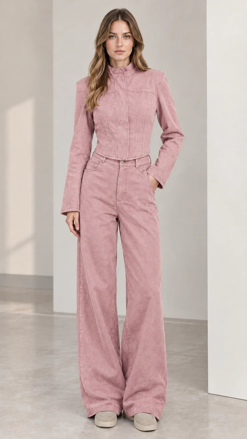 Full front view of women's dusty pink cropped jacket and wide leg pants set