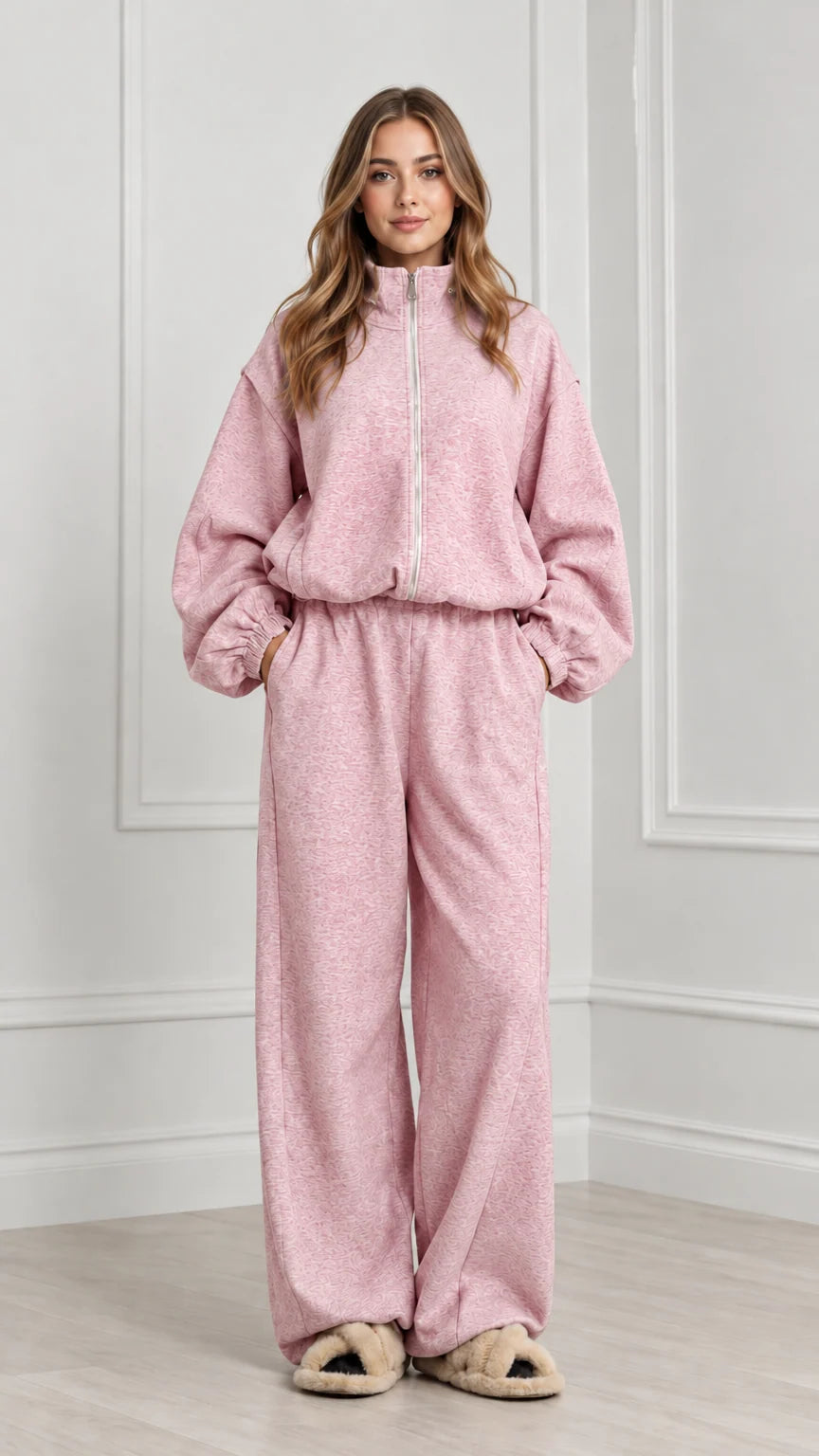 Women's dusty pink two-piece zip loungewear set