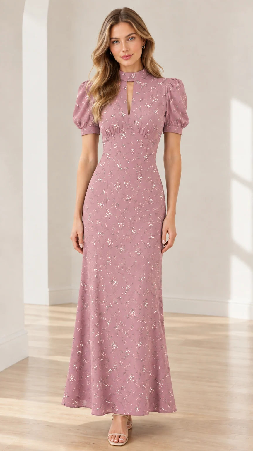 Dusty rose pink floral print puff sleeve keyhole maxi dress on model