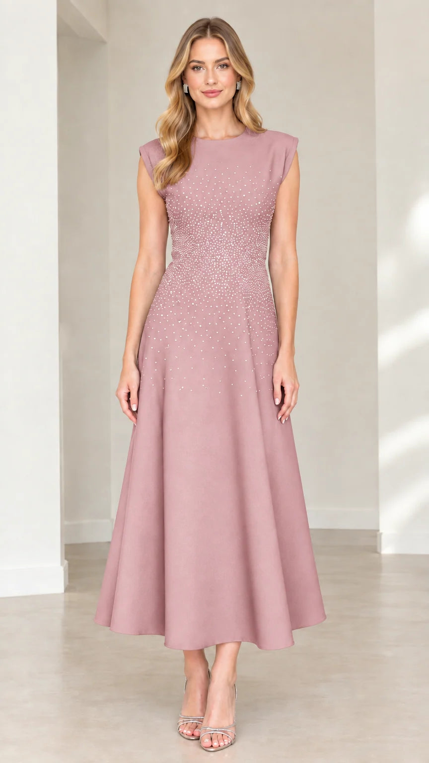 Front view of dusty rose rhinestone embellished A-line cocktail midi dress
