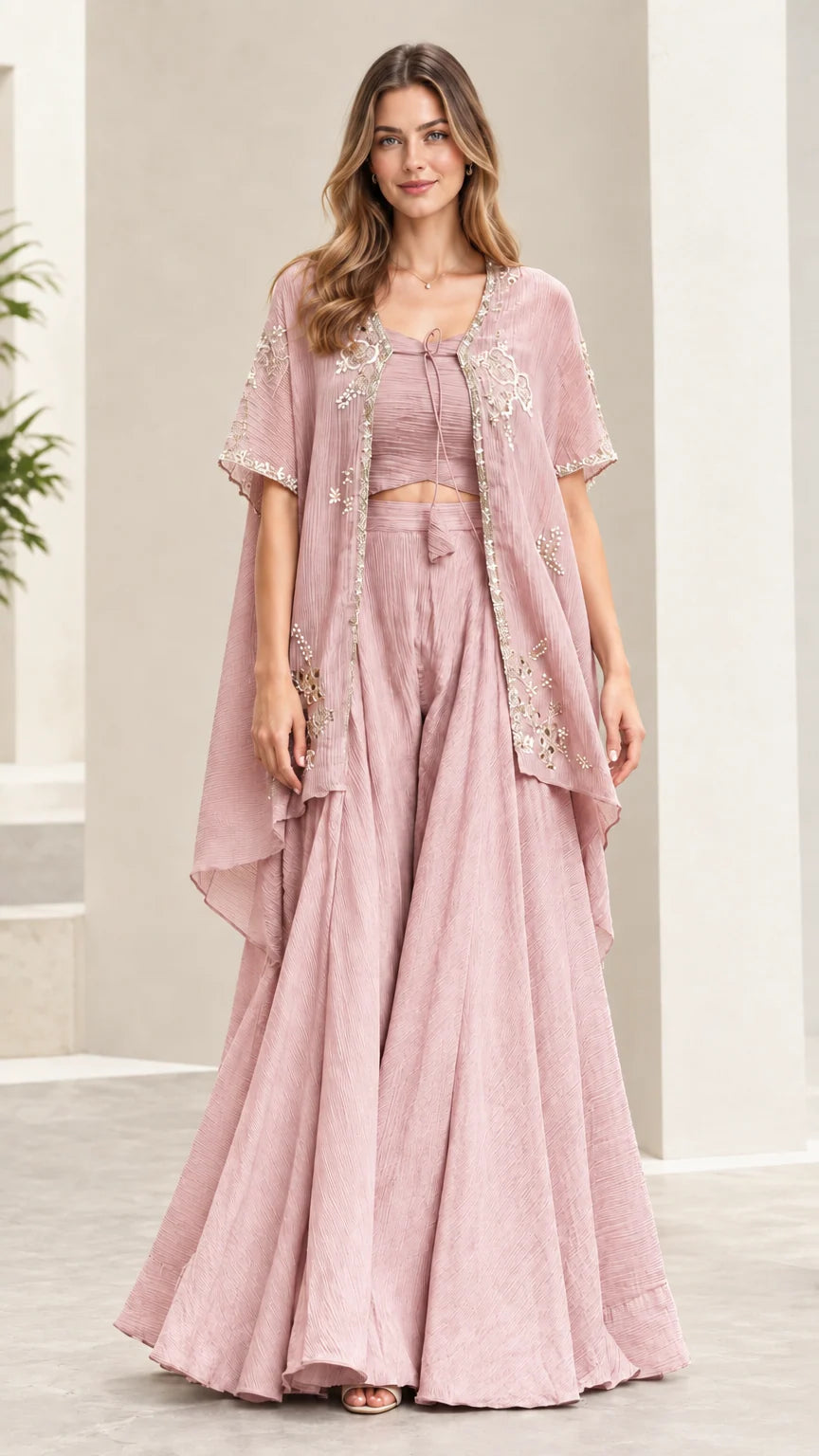 Dusty pink 3-piece embroidered cape and wide-leg pant set