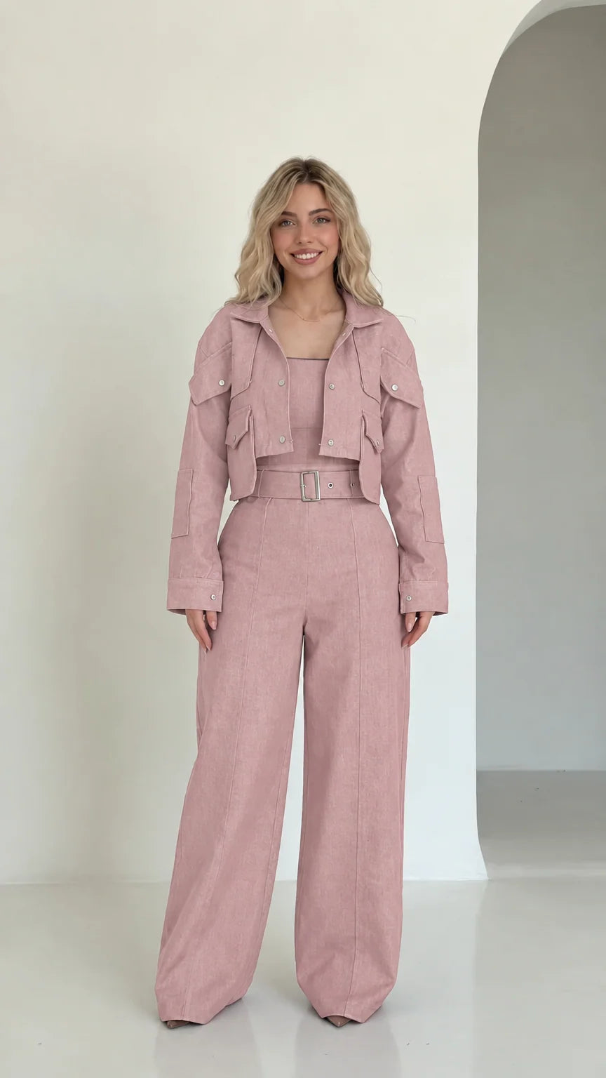 Full front view of dusty pink cropped utility jacket and wide-leg pant set