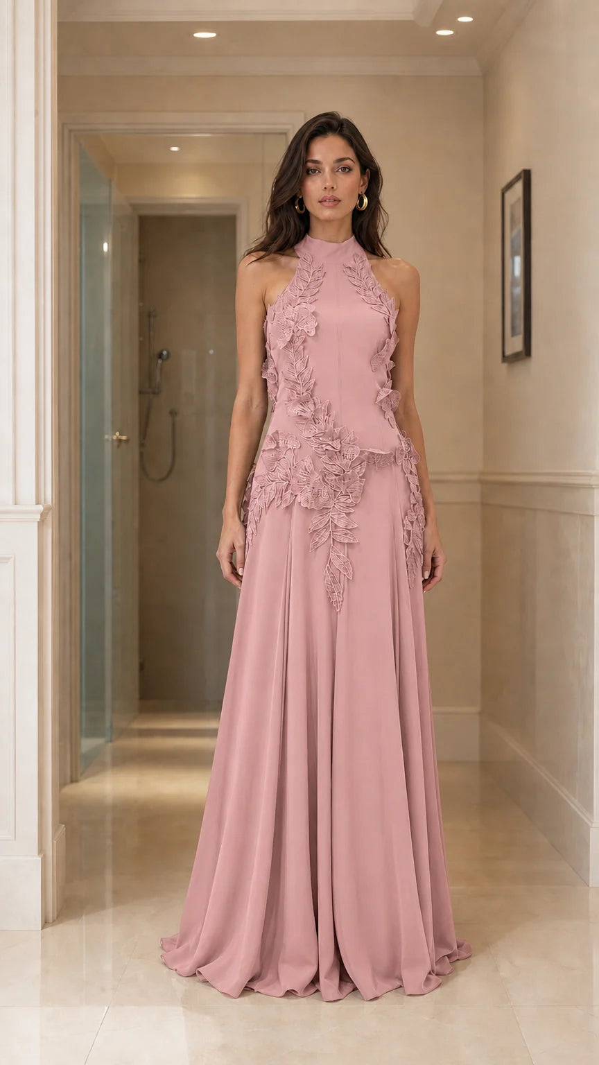 Front view of dusty pink halter neck maxi dress