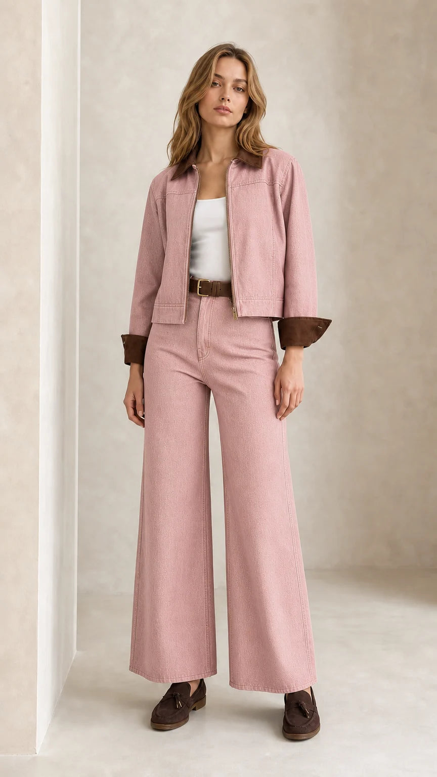Model wearing Dusty Pink denim jacket and wide leg trousers set