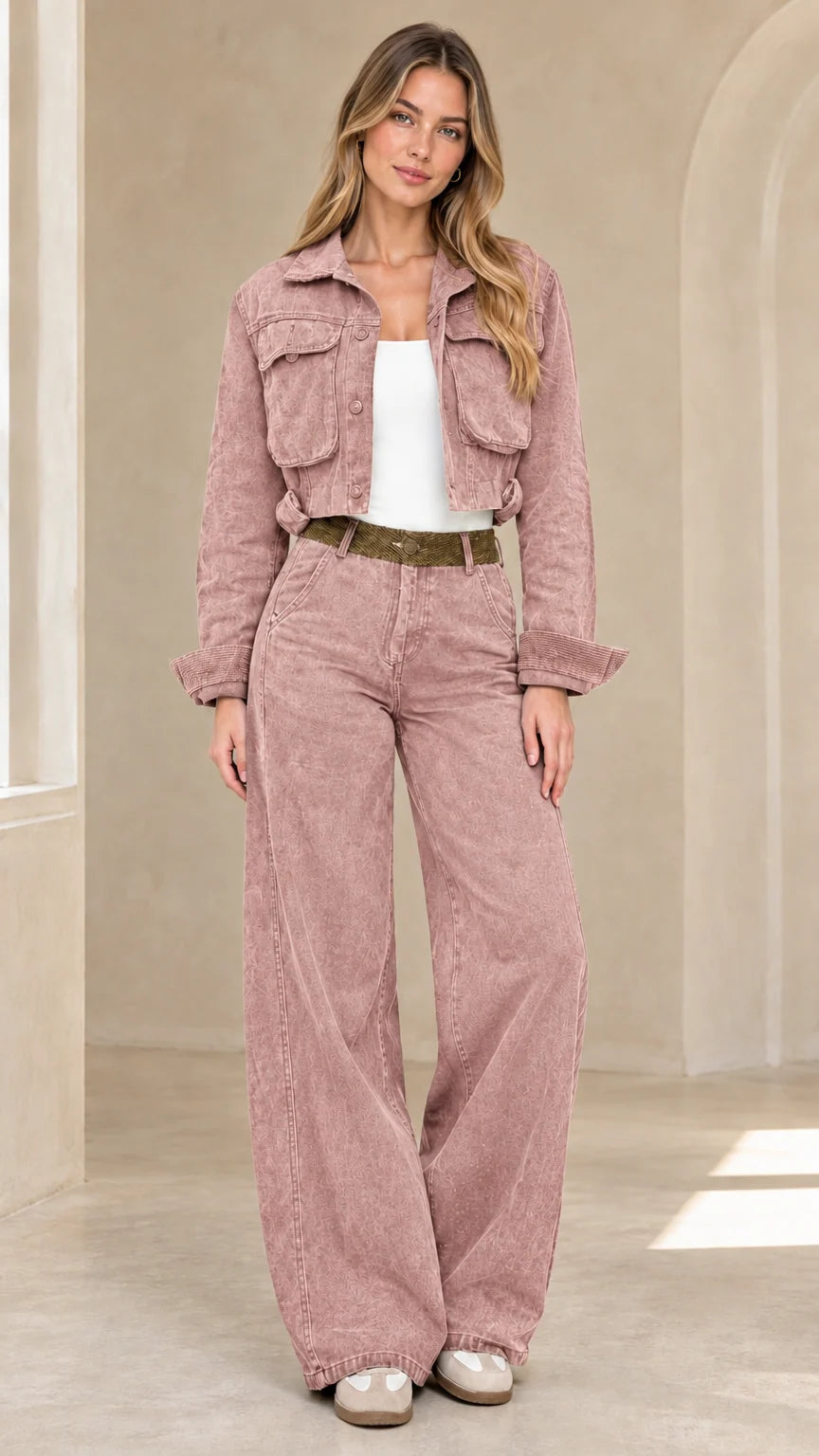 Dusty pink cropped utility jacket and wide-leg pants matching set