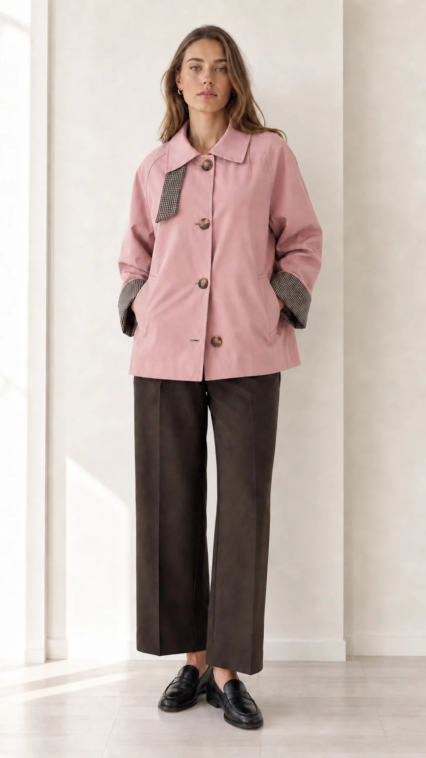 Front view of women's dusty pink short trench coat with check trim details