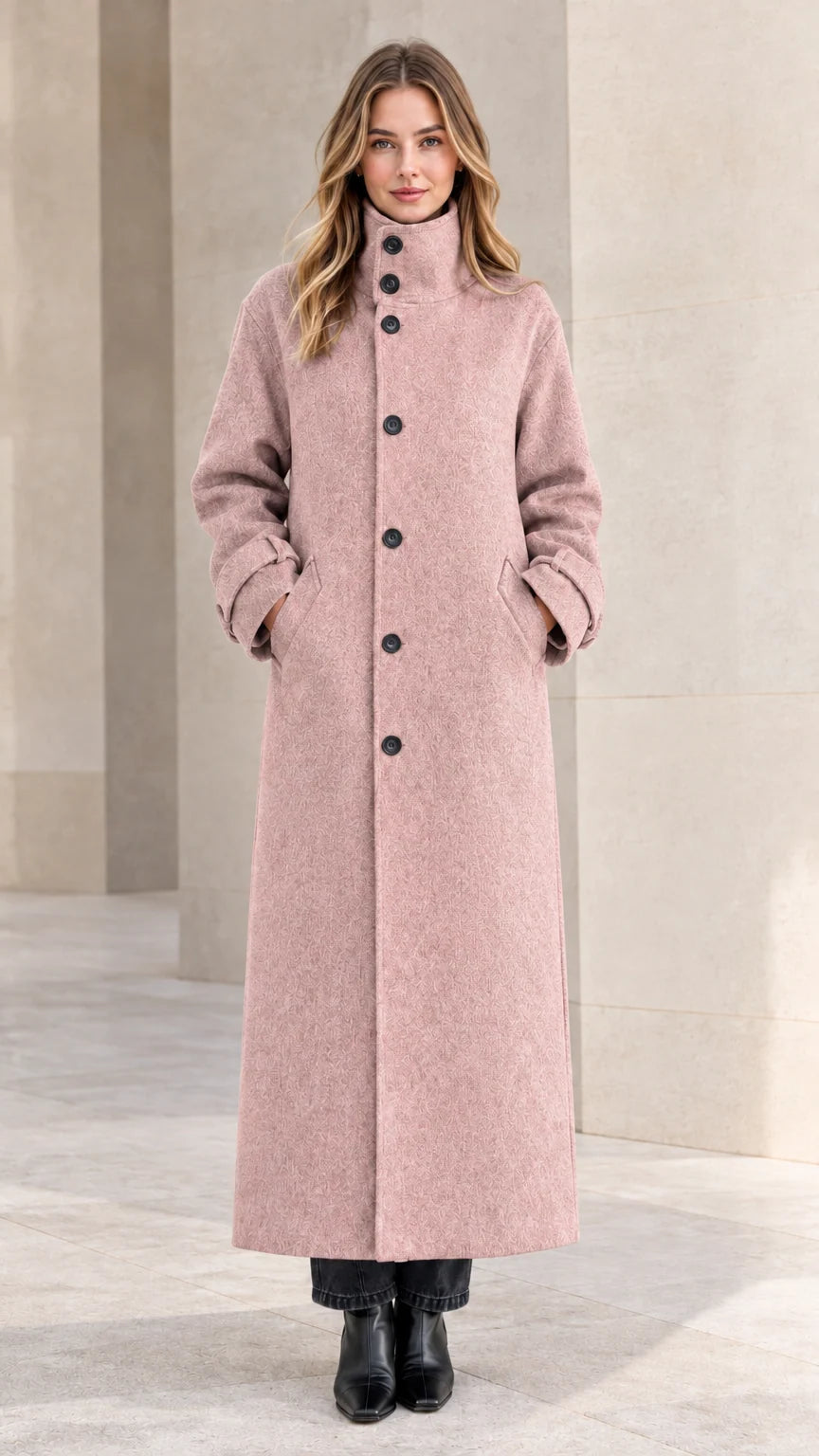Front view of woman wearing dusty pink long buttoned maxi overcoat