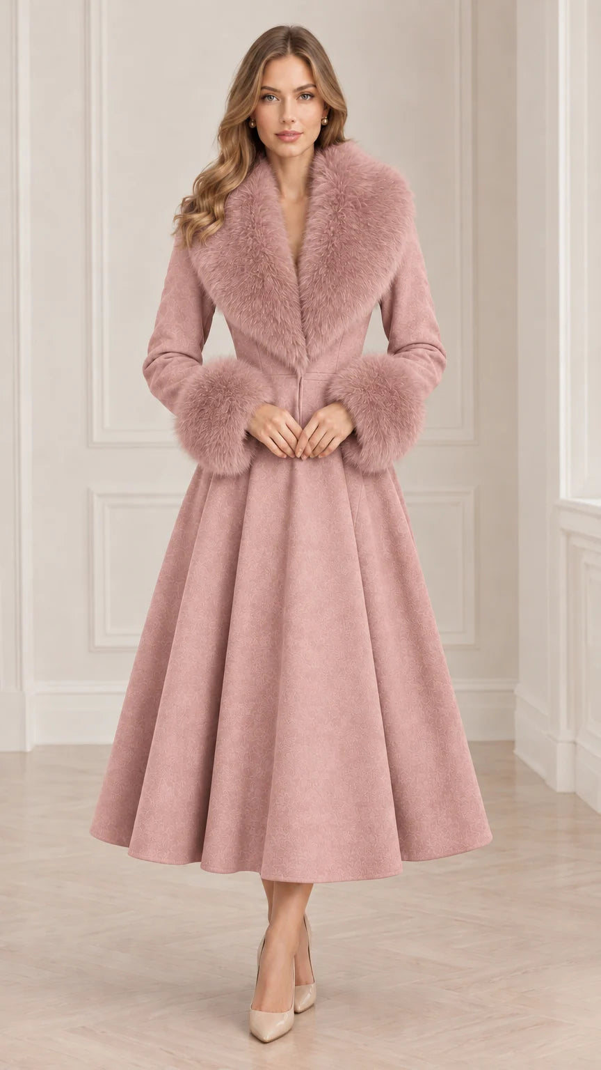 Model wearing Dusty Pink vintage-style swing coat with plush pink faux fur trim