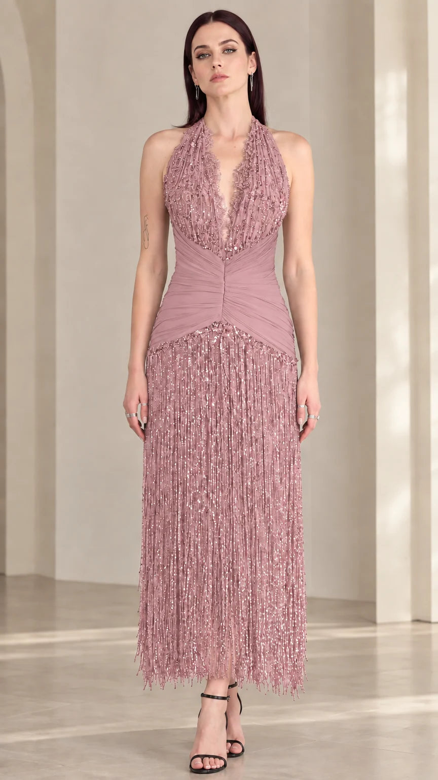 Front view of dusty pink halter sequin fringe evening dress