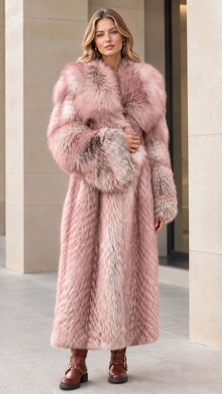 Front view of woman wearing dusty pink plush faux fur maxi overcoat