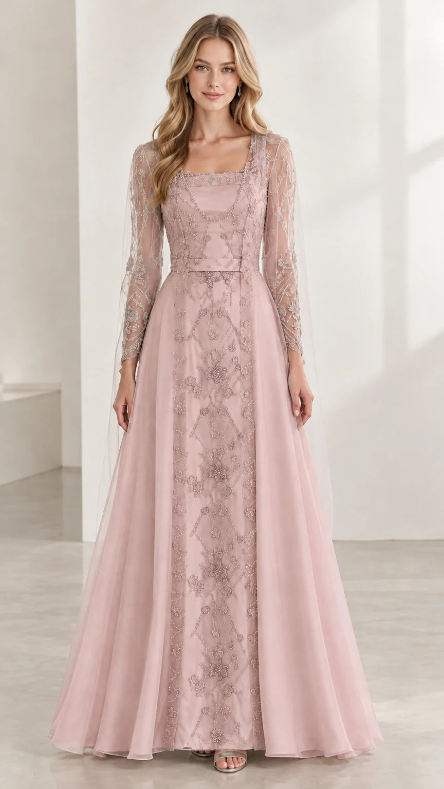 Dusty Pink long sleeve embroidered evening gown