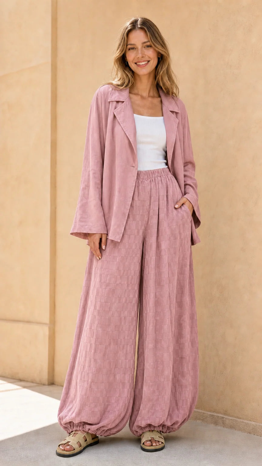 Model wearing dusty pink matching blazer and pant set