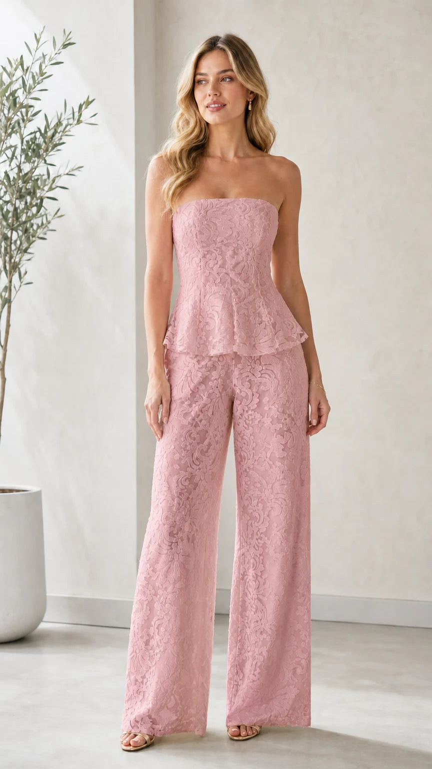 Model wearing dusty pink strapless lace peplum wide leg jumpsuit