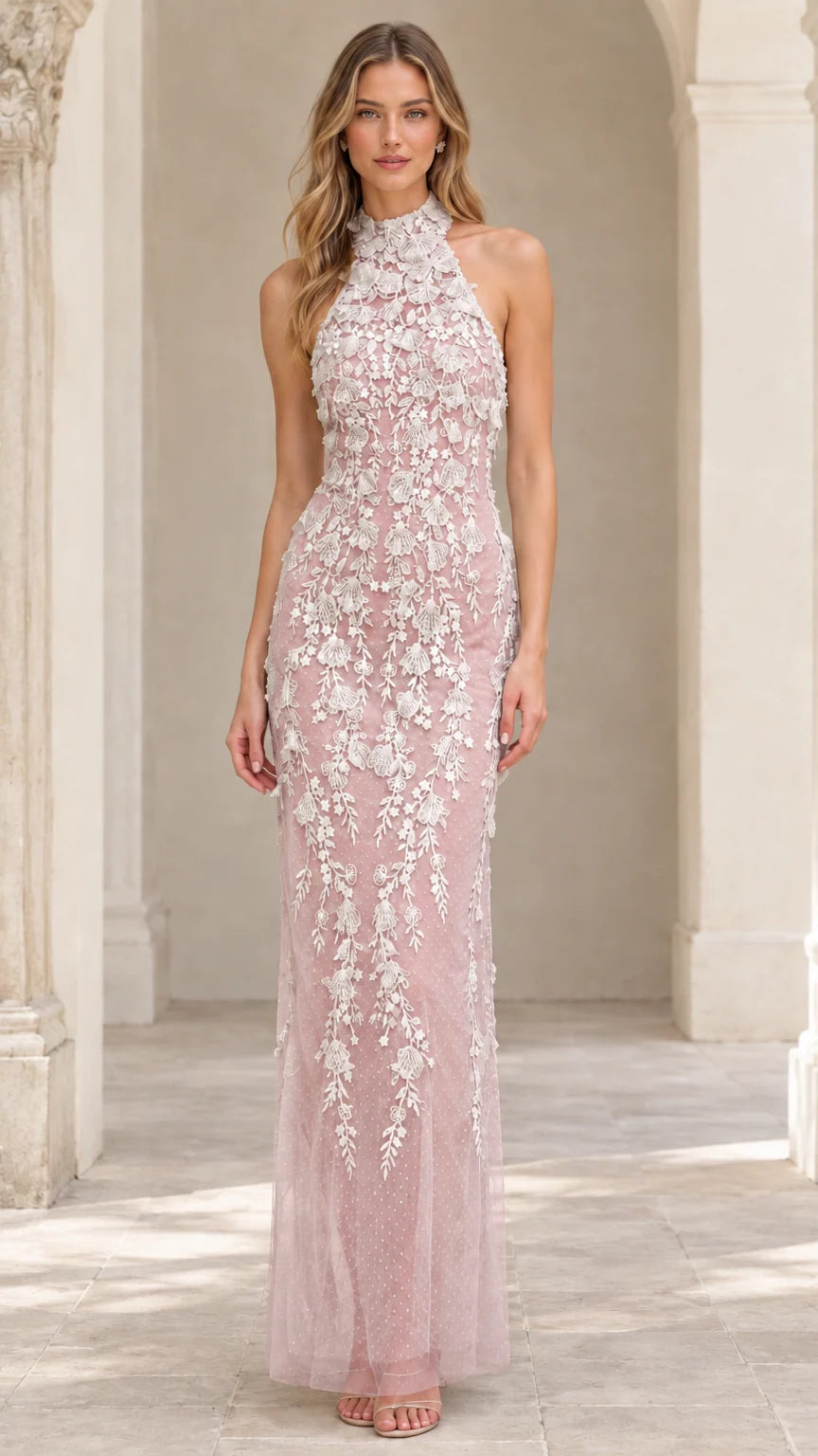 Model wearing Blush Pink floral lace halter neck evening gown