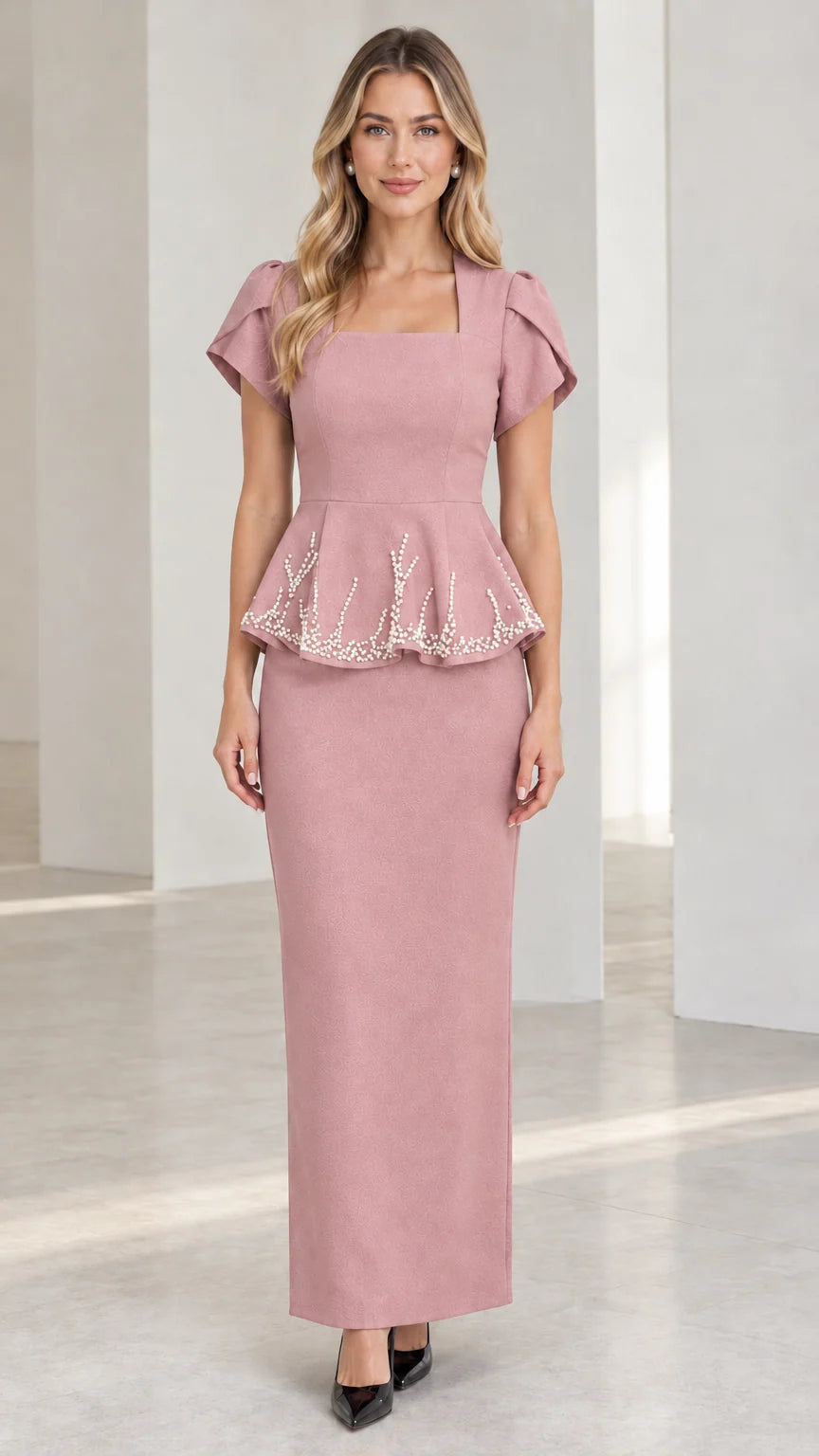Dusty rose pink square neck beaded peplum maxi dress