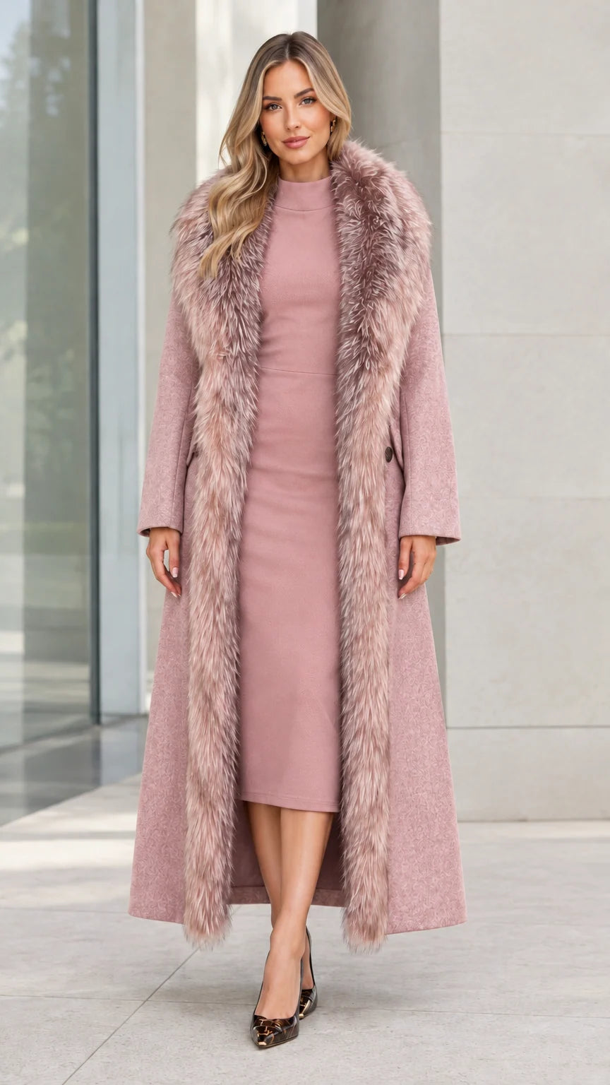 Women's dusty pink longline overcoat with plush faux fur trim