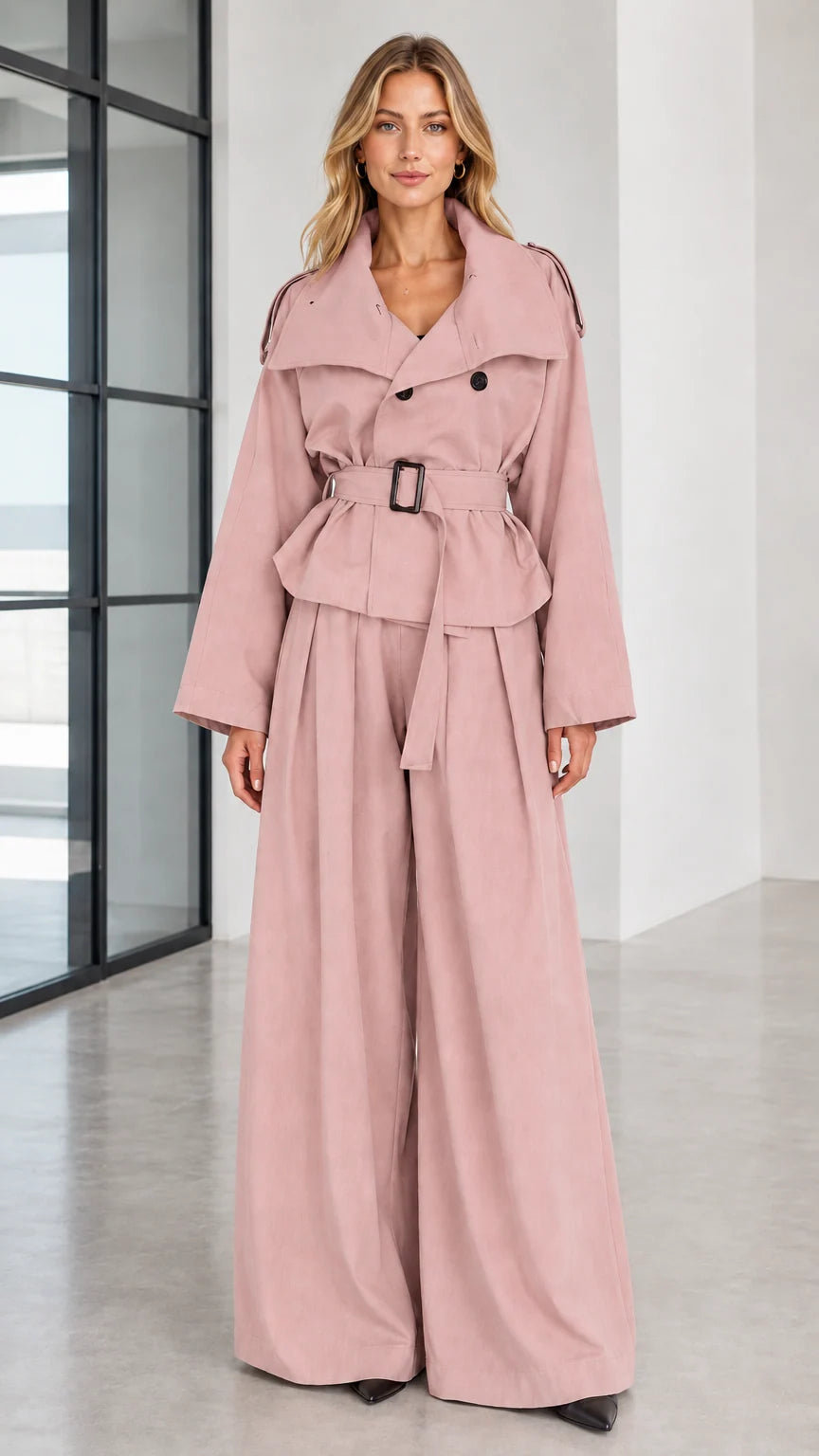Front full view of woman wearing dusty pink belted trench jacket and wide-leg trouser set